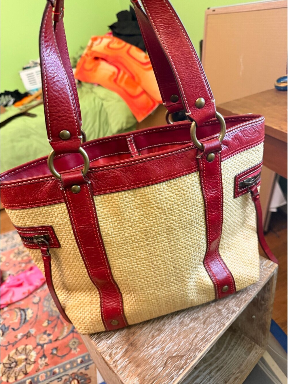 Coach Legacy Straw and Red Leather Buckle Tote (Style… - Gem